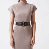 Black elastic-backed faux leather belt with gold buckle